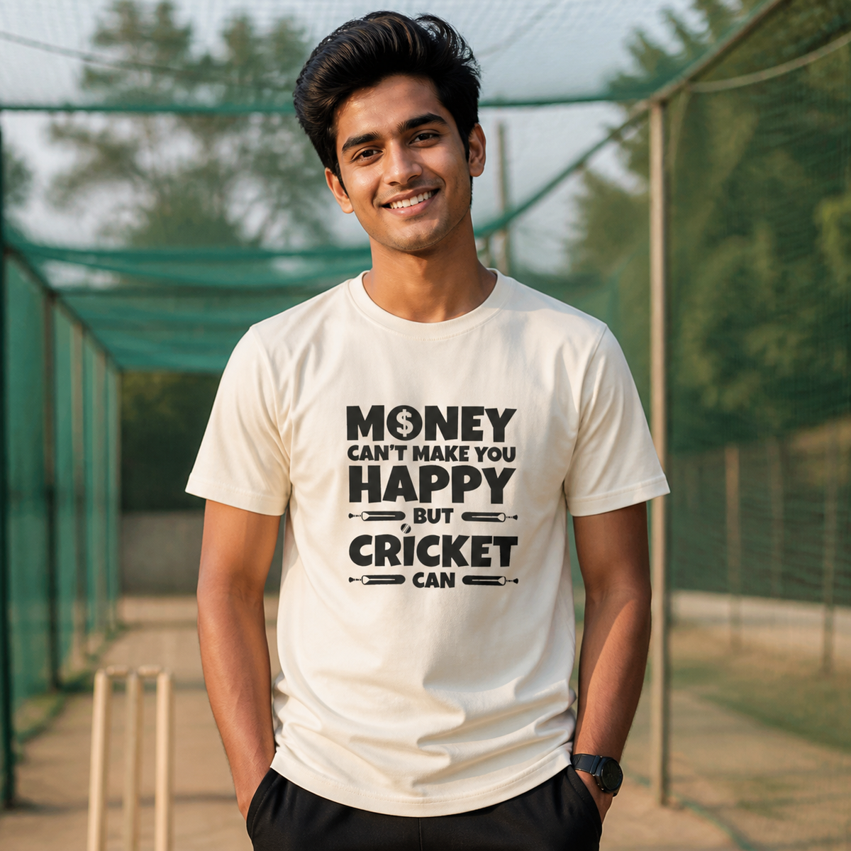 Young man wearing Money Can't Make You Happy but Cricket Can graphic T-shirt at cricket nets