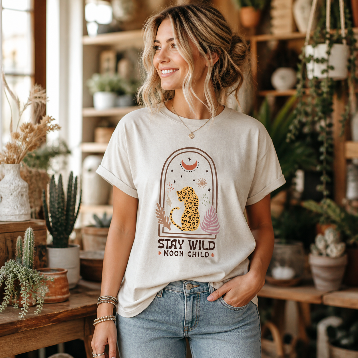 Woman wearing Stay Wild Moon Child bohemian graphic T-shirt in a sunlit plant shop
