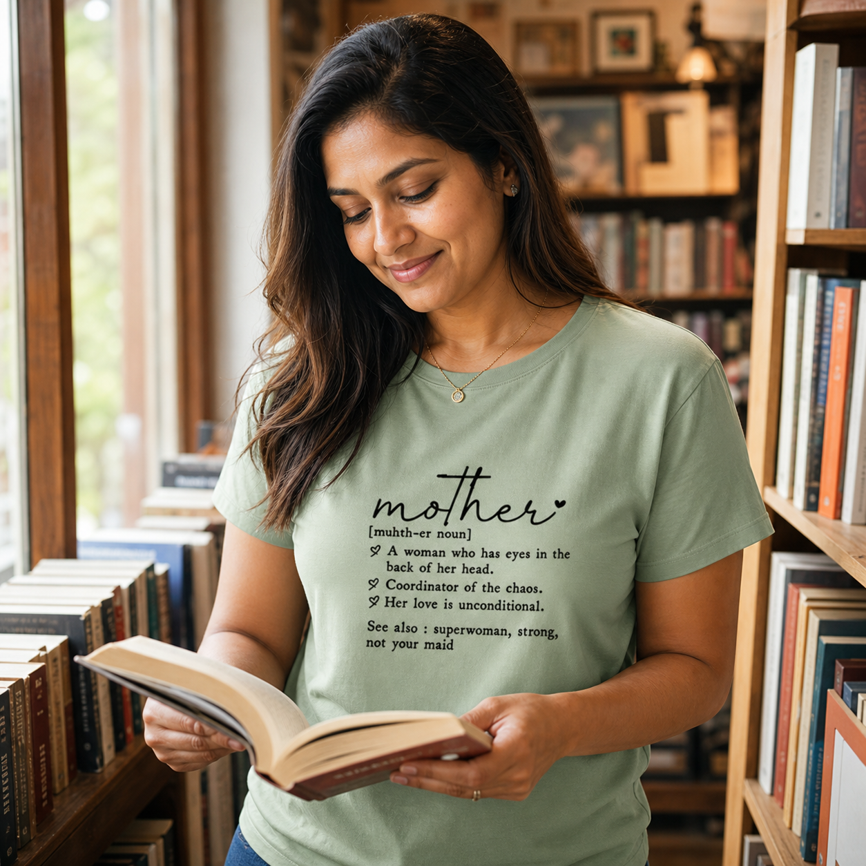 South Asian mom wearing Mother Definition graphic T-shirt in a neighborhood bookstore