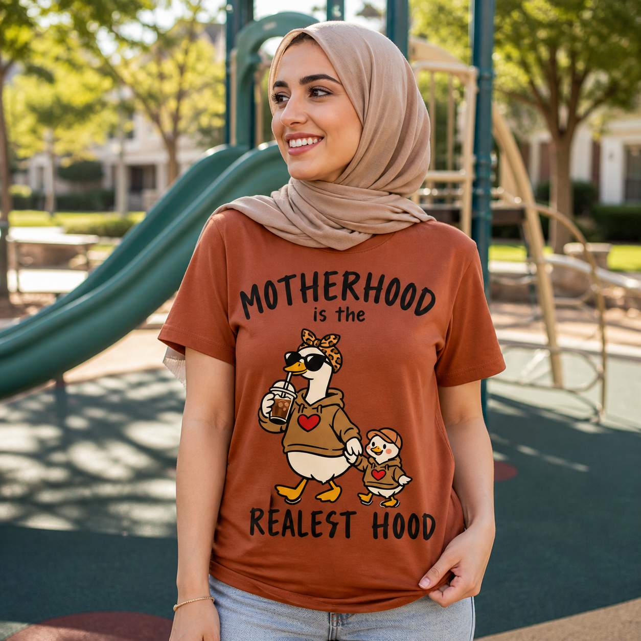 Motherhood Is the Realest Hood graphic T-shirt lifestyle photo