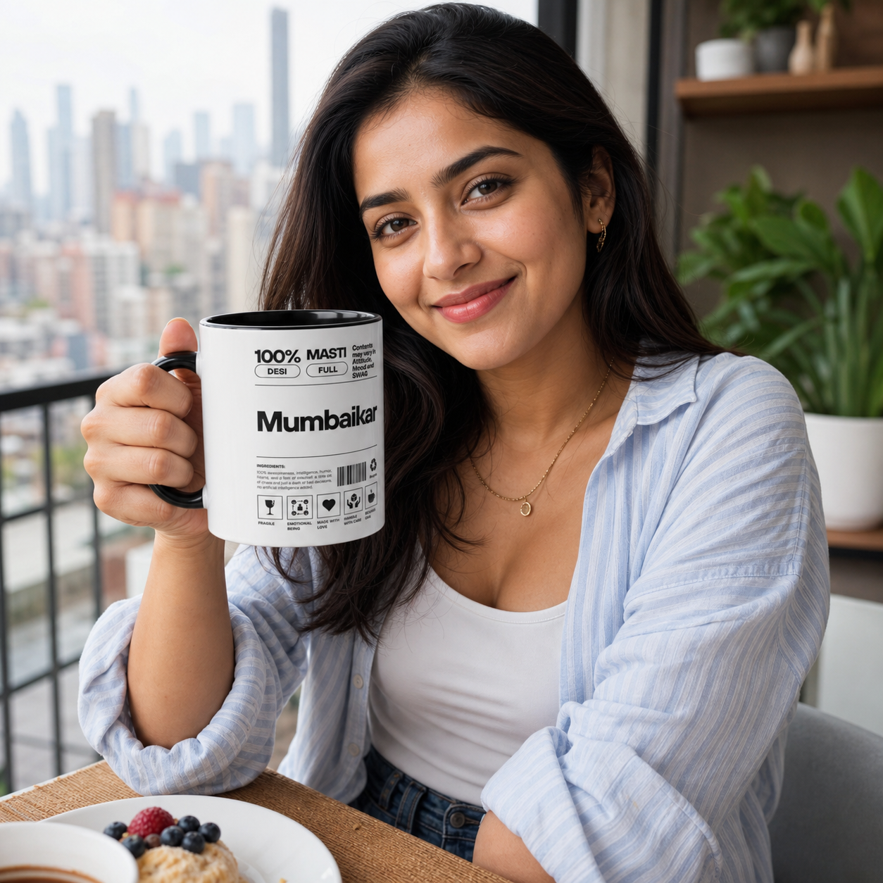 Young Mumbai woman holding black-accent Mumbaikar Desi Roots mug