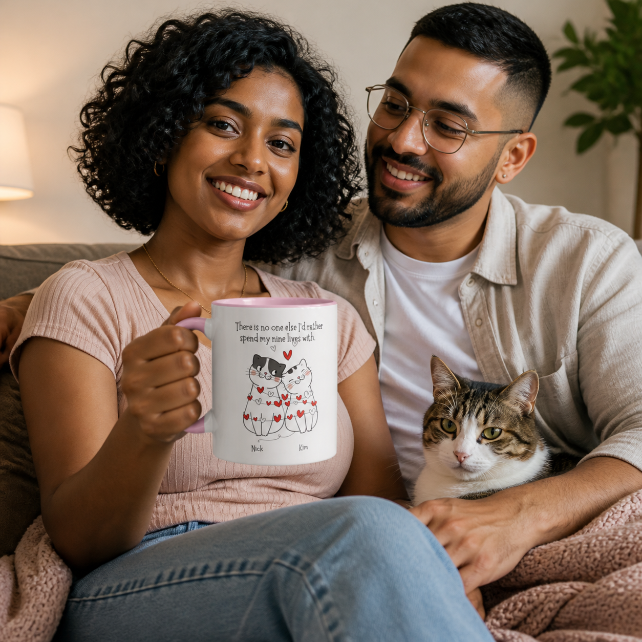 Young couple with their cat holding a personalized pink-accent Nine Lives mug
