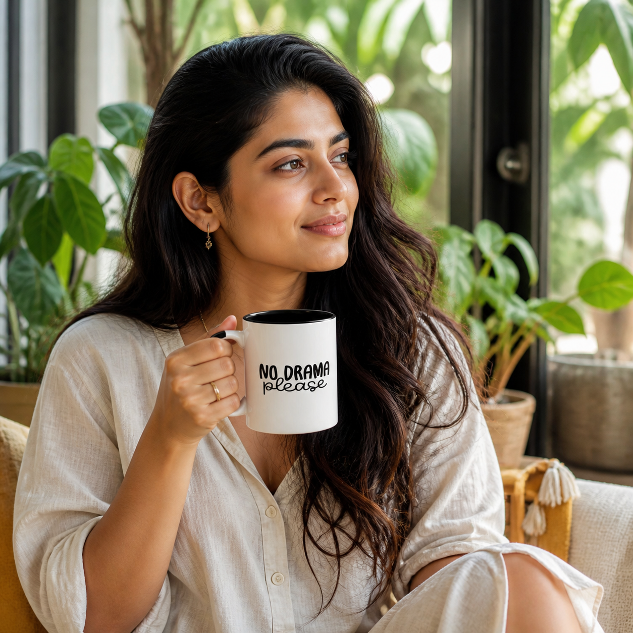 Young Indian woman holding black accent No Drama Please coffee mug in a sunroom