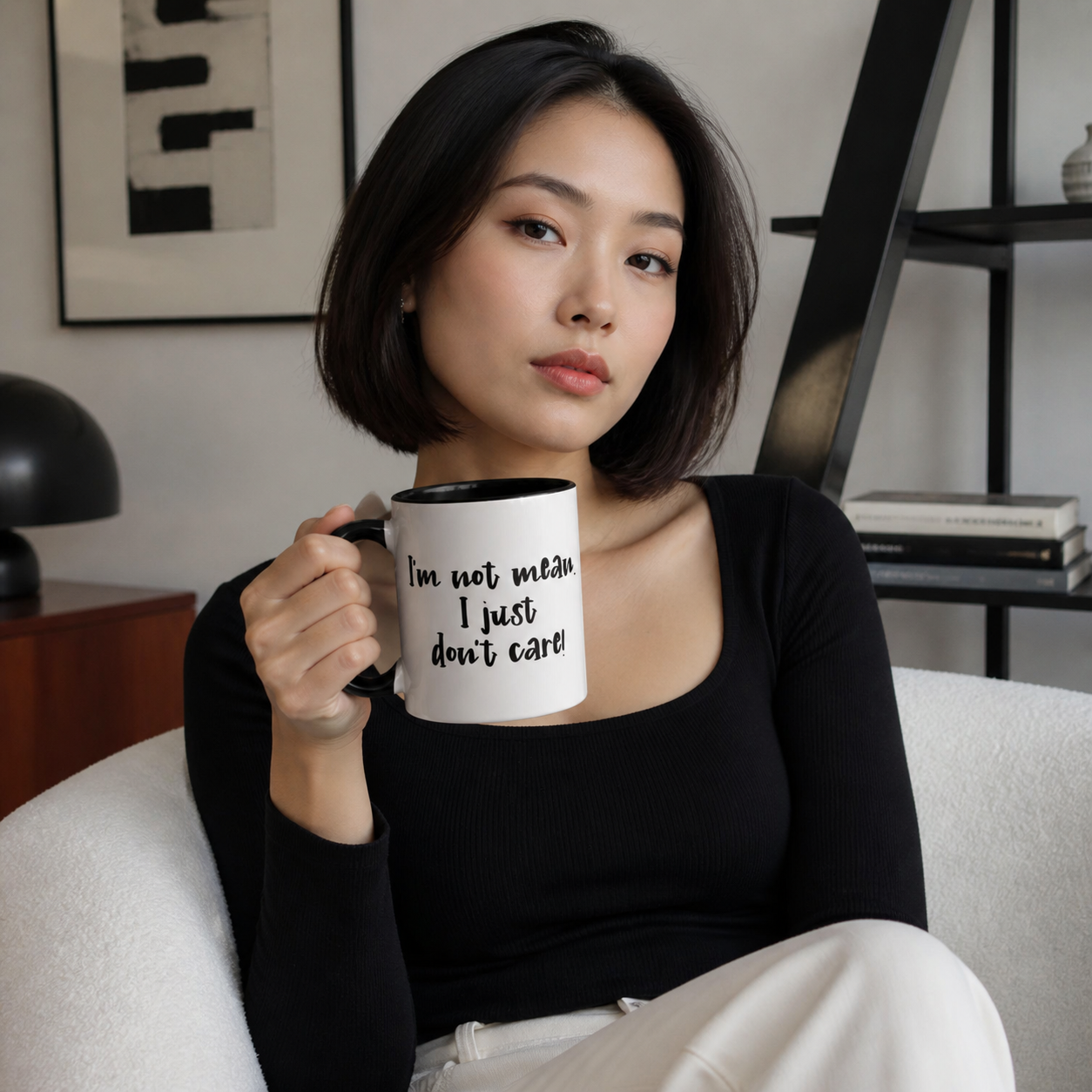 Young woman holding black-accent I am not mean I just do not care mug