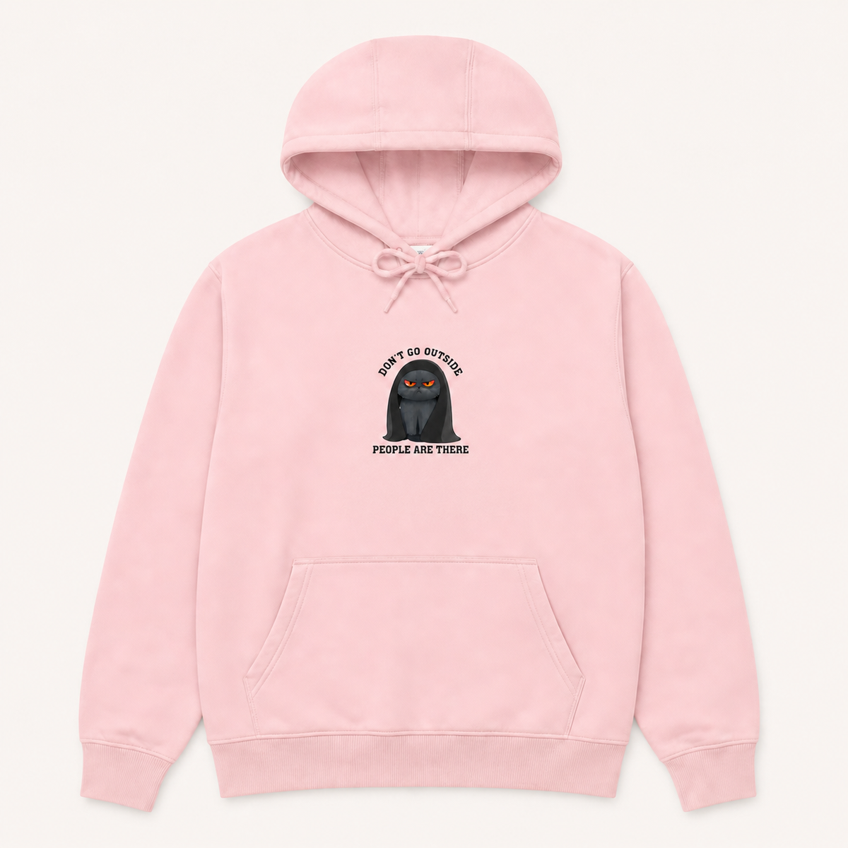 Don't Go Outside People Are There funny introvert cat graphic light pink hoodie front product image