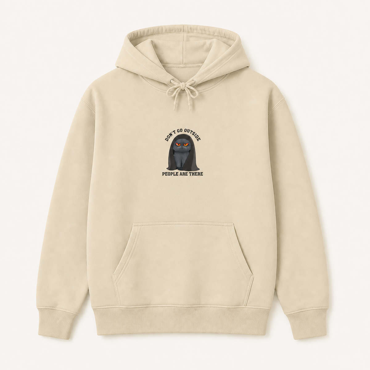 Don't Go Outside People Are There funny introvert cat graphic sand hoodie front product image