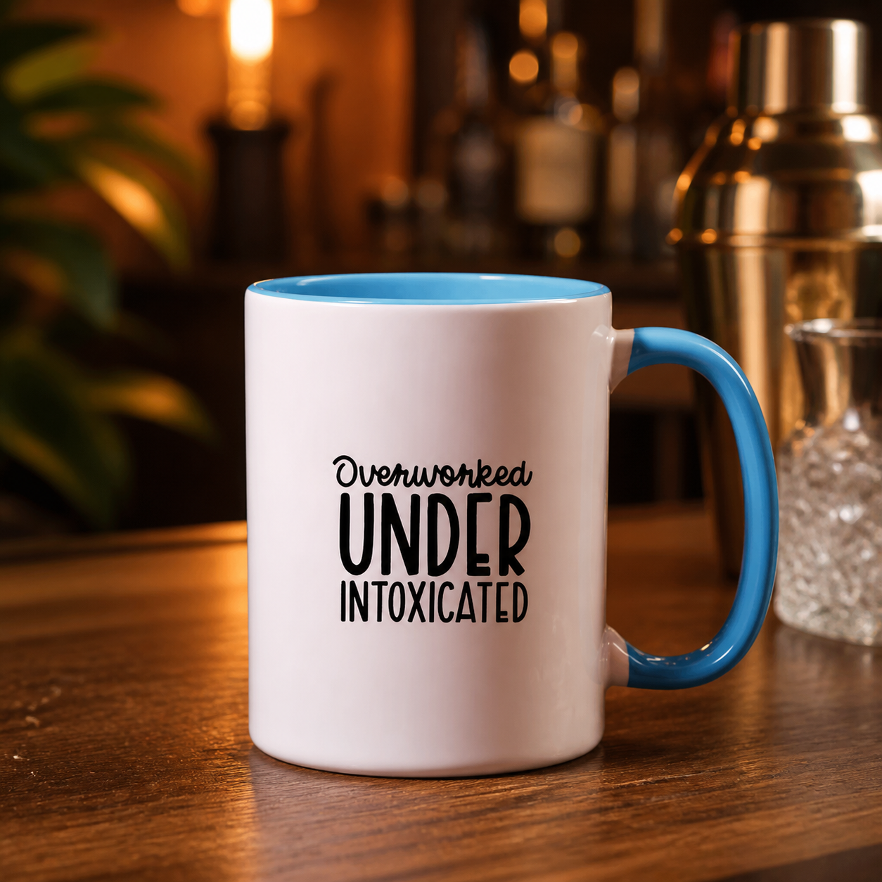 Overworked Under Intoxicated blue accent mug in a home bar setting
