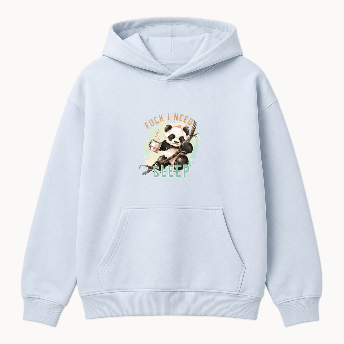 Funny sleep deprived panda Fuck I Need Sleep graphic light blue hoodie front product image