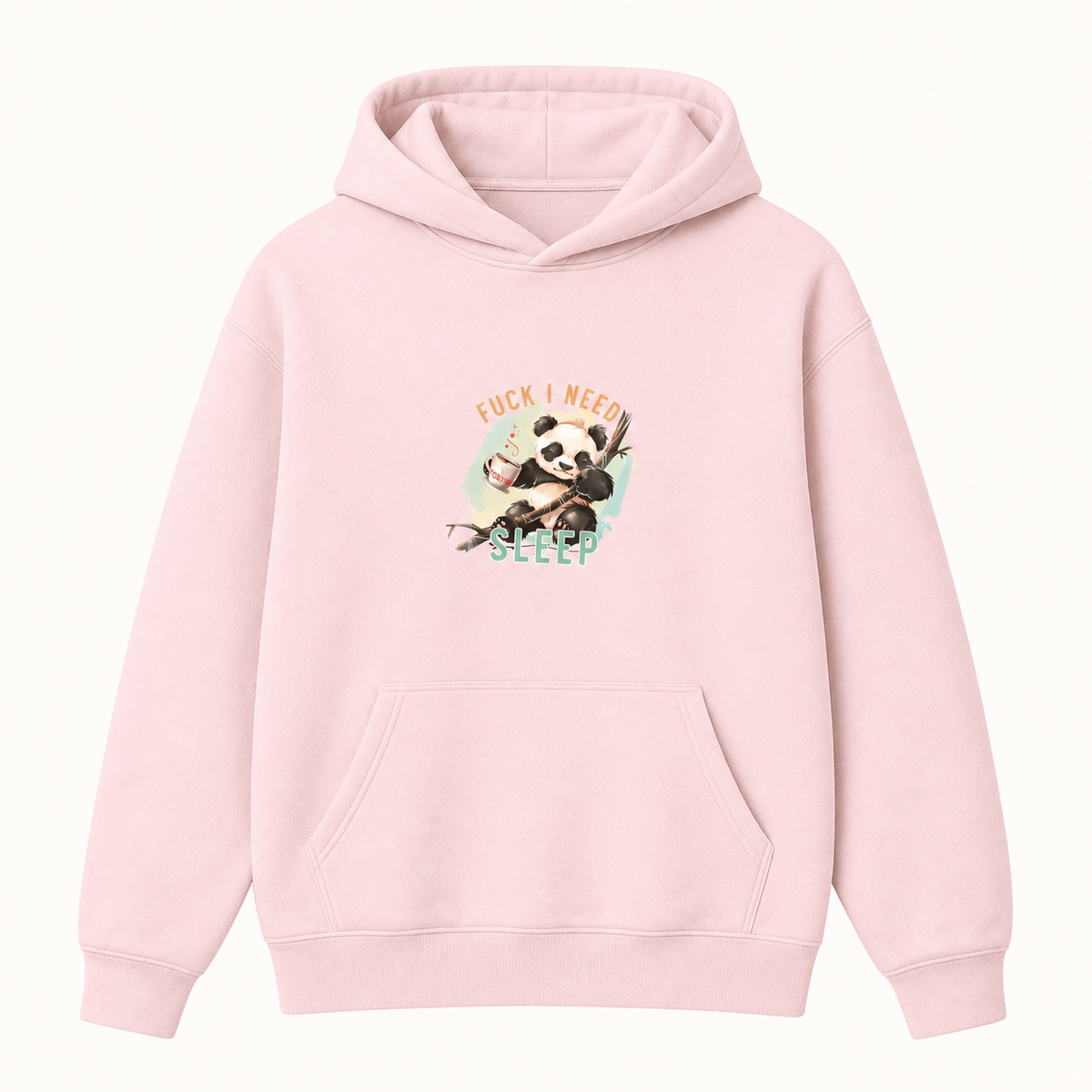 Funny sleep deprived panda Fuck I Need Sleep graphic light pink hoodie front product image