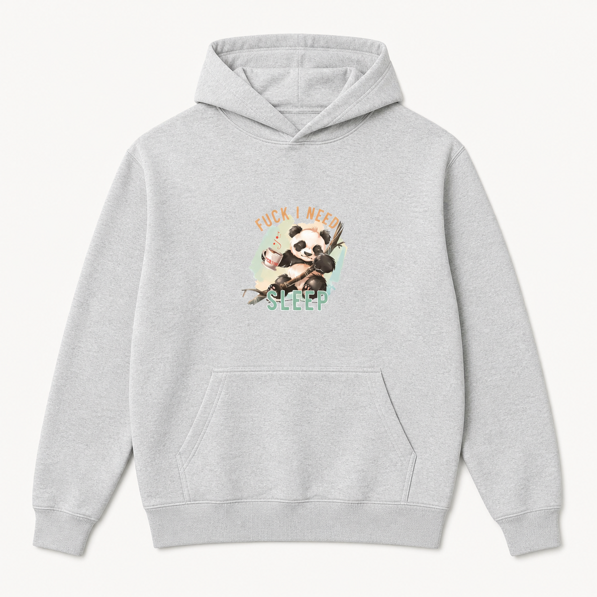Funny sleep deprived panda Fuck I Need Sleep graphic sport grey hoodie front product image
