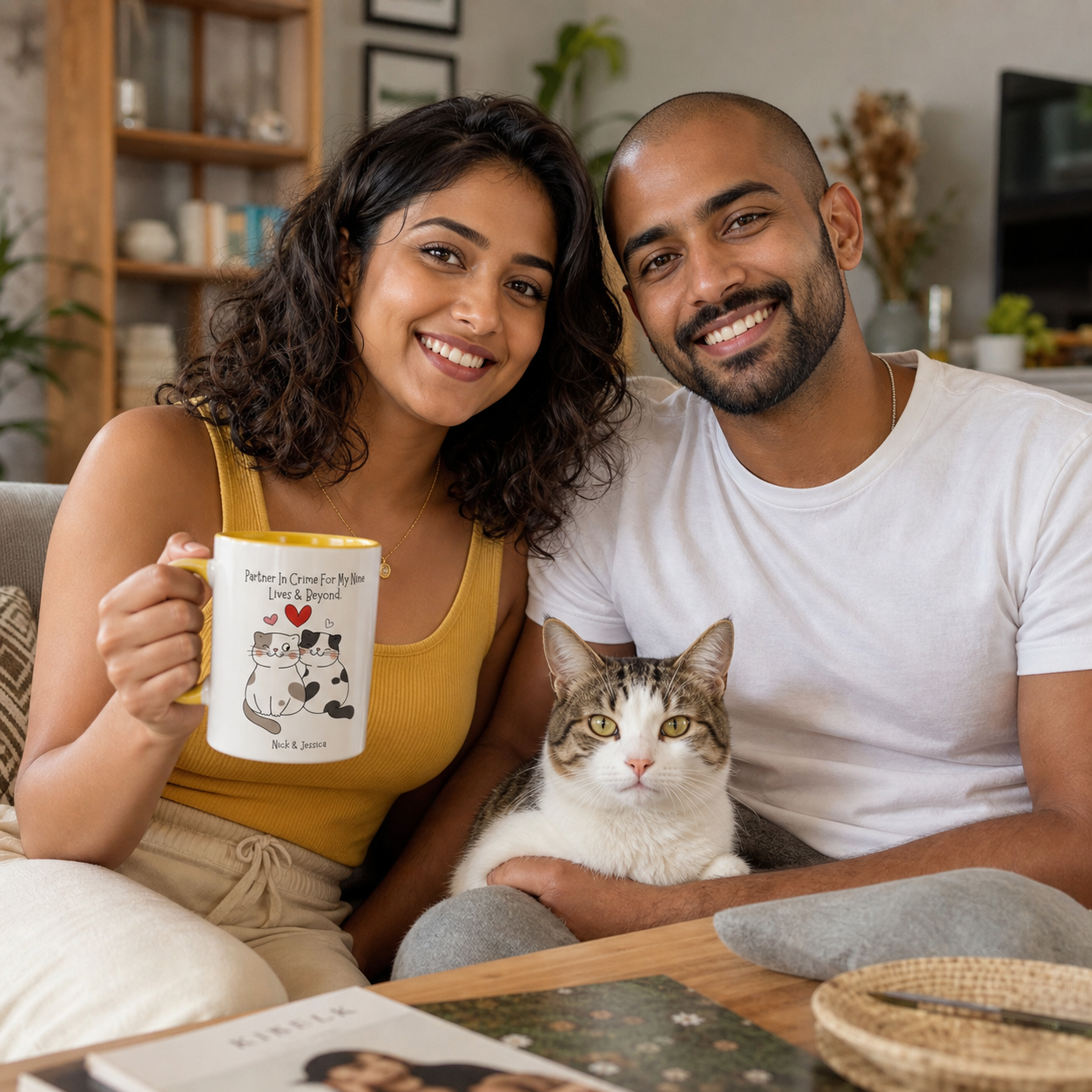Young couple with their cat and personalized yellow-accent Partner in Crime mug at home