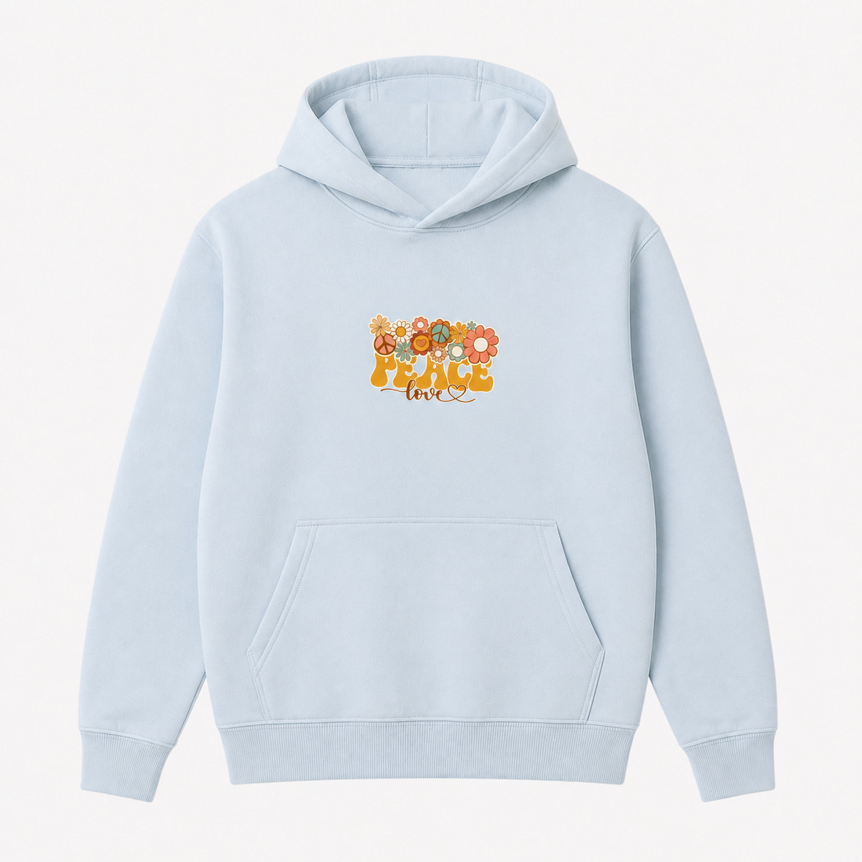 Peace and Love retro floral graphic light blue hoodie front product image