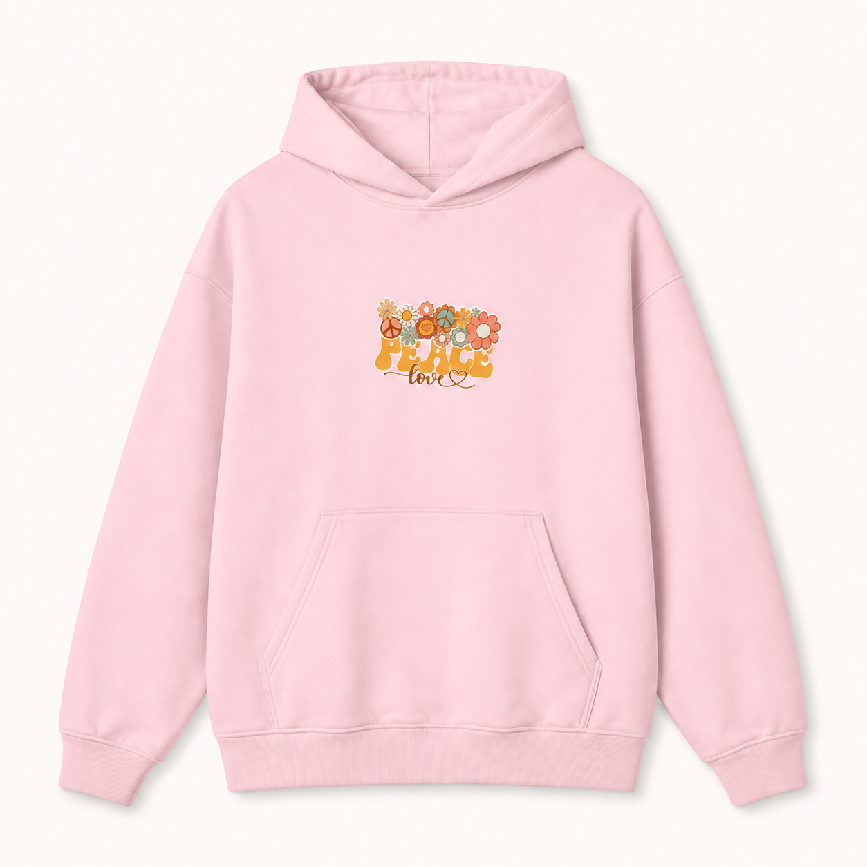 Peace and Love retro floral graphic light pink hoodie front product image