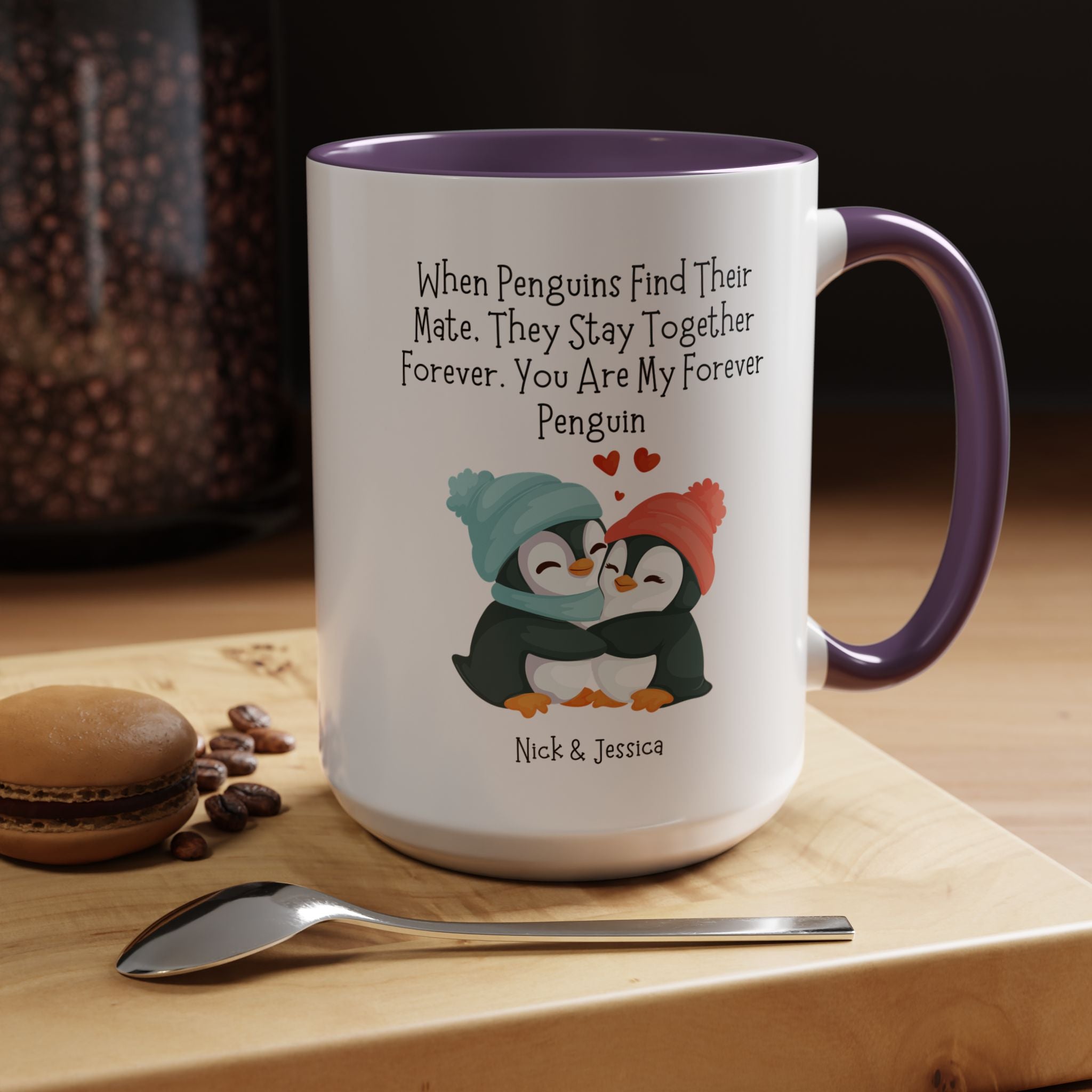 Penguin Forever Mate Personalized Romantic Mug, Accent Cup 11/15oz, Anniversary Wedding Valentines Gift, V-Day Mug, Customized Couples Gift