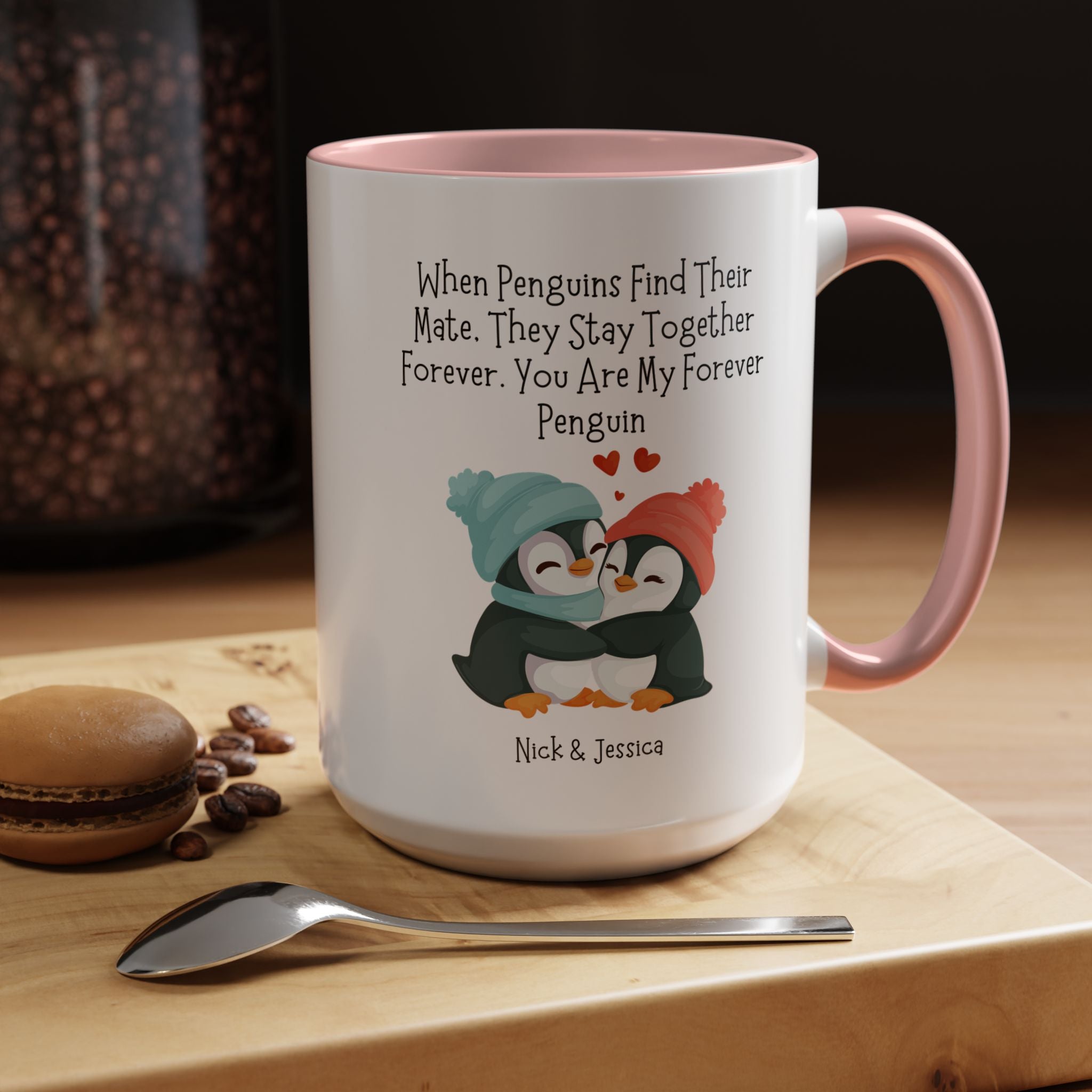 Penguin Forever Mate Personalized Romantic Mug, Accent Cup 11/15oz, Anniversary Wedding Valentines Gift, V-Day Mug, Customized Couples Gift