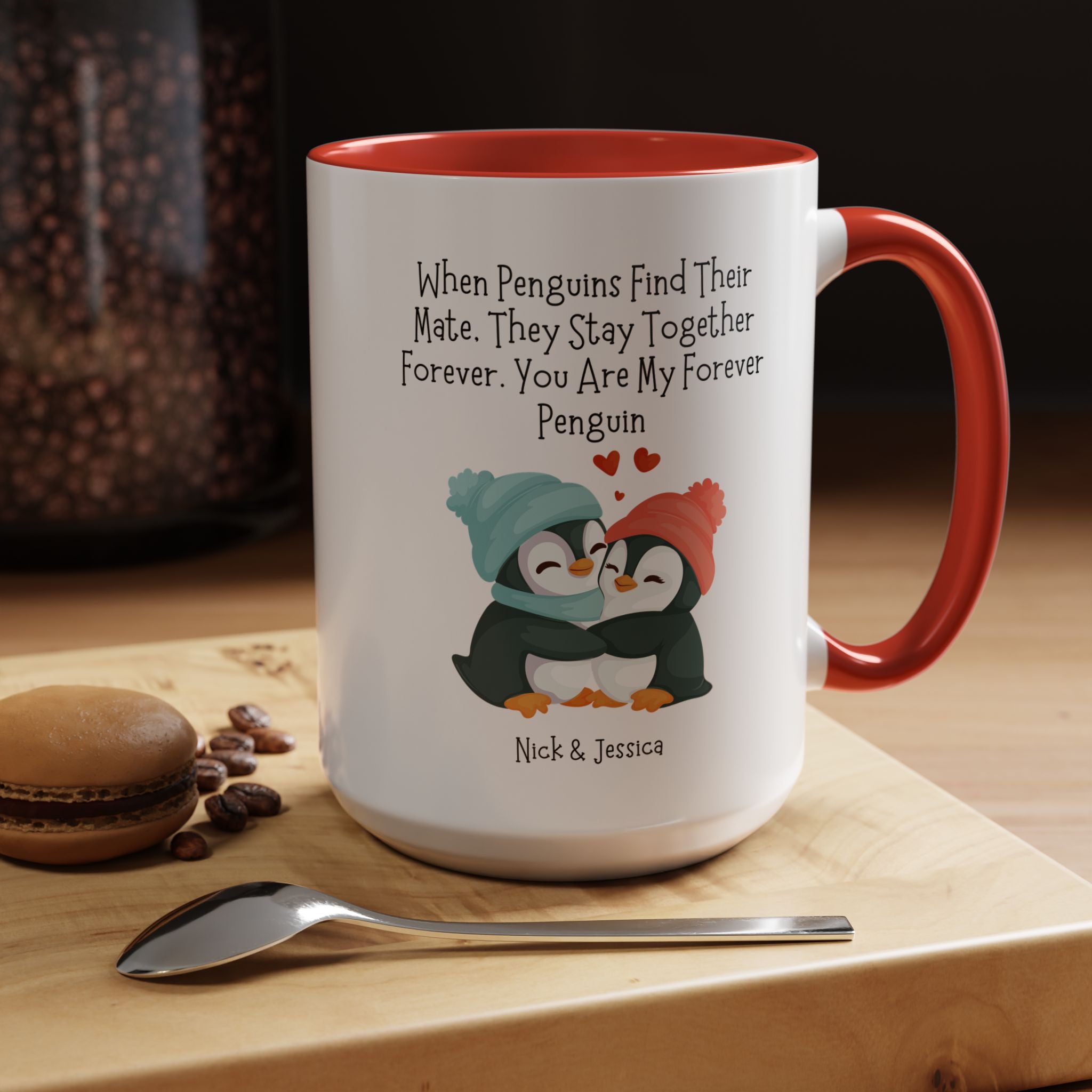 Penguin Forever Mate Personalized Romantic Mug, Accent Cup 11/15oz, Anniversary Wedding Valentines Gift, V-Day Mug, Customized Couples Gift