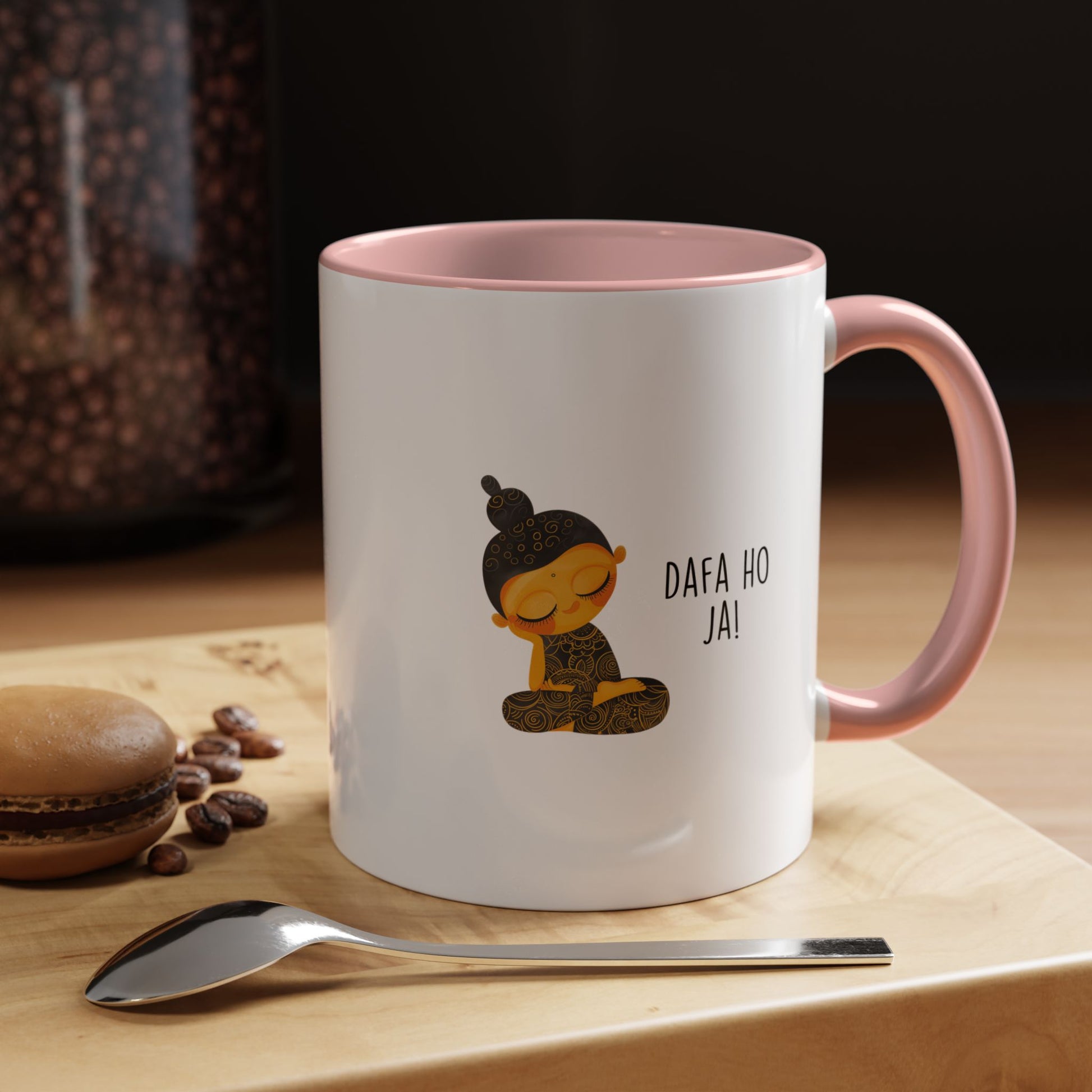 Personalized desi coffee mug 'Dafa Ho Ja' with funny design and pink handle.