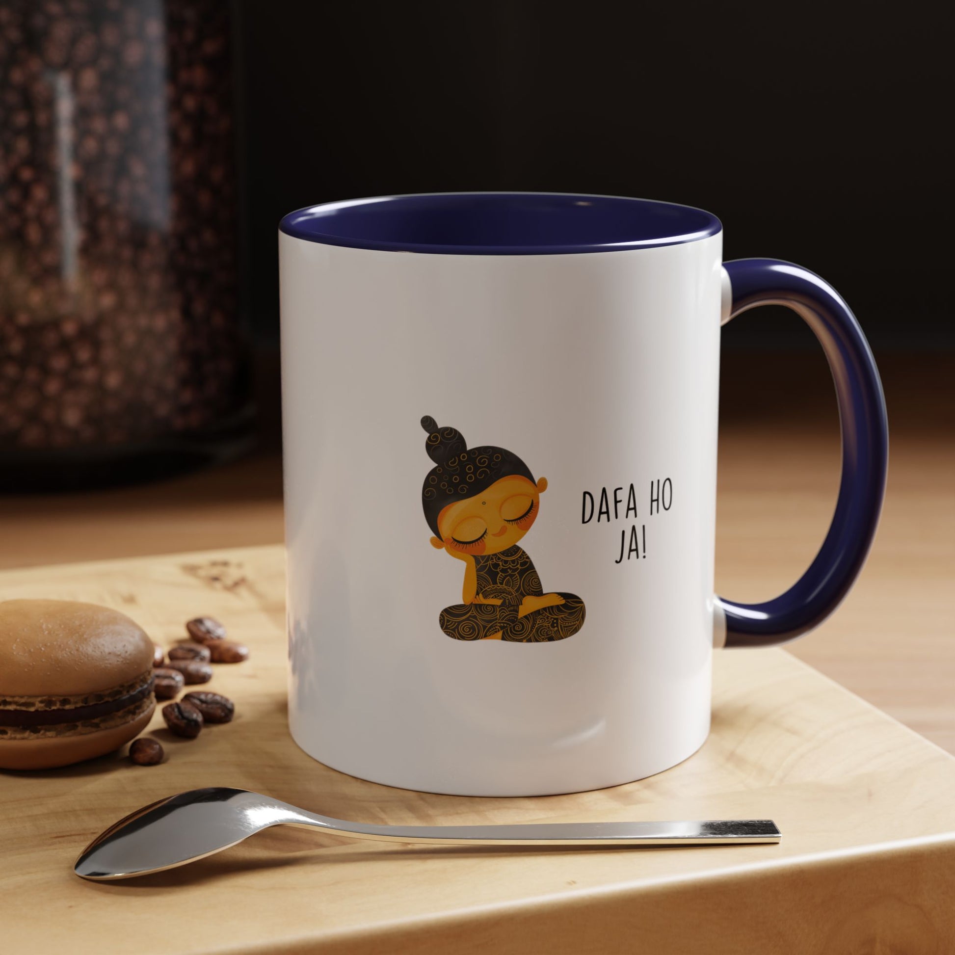 Personalized desi coffee mug 'Dafa Ho Ja' on table with spoon and macaron, funny Indian Paki chai cup, 11oz or 15oz sizes available.