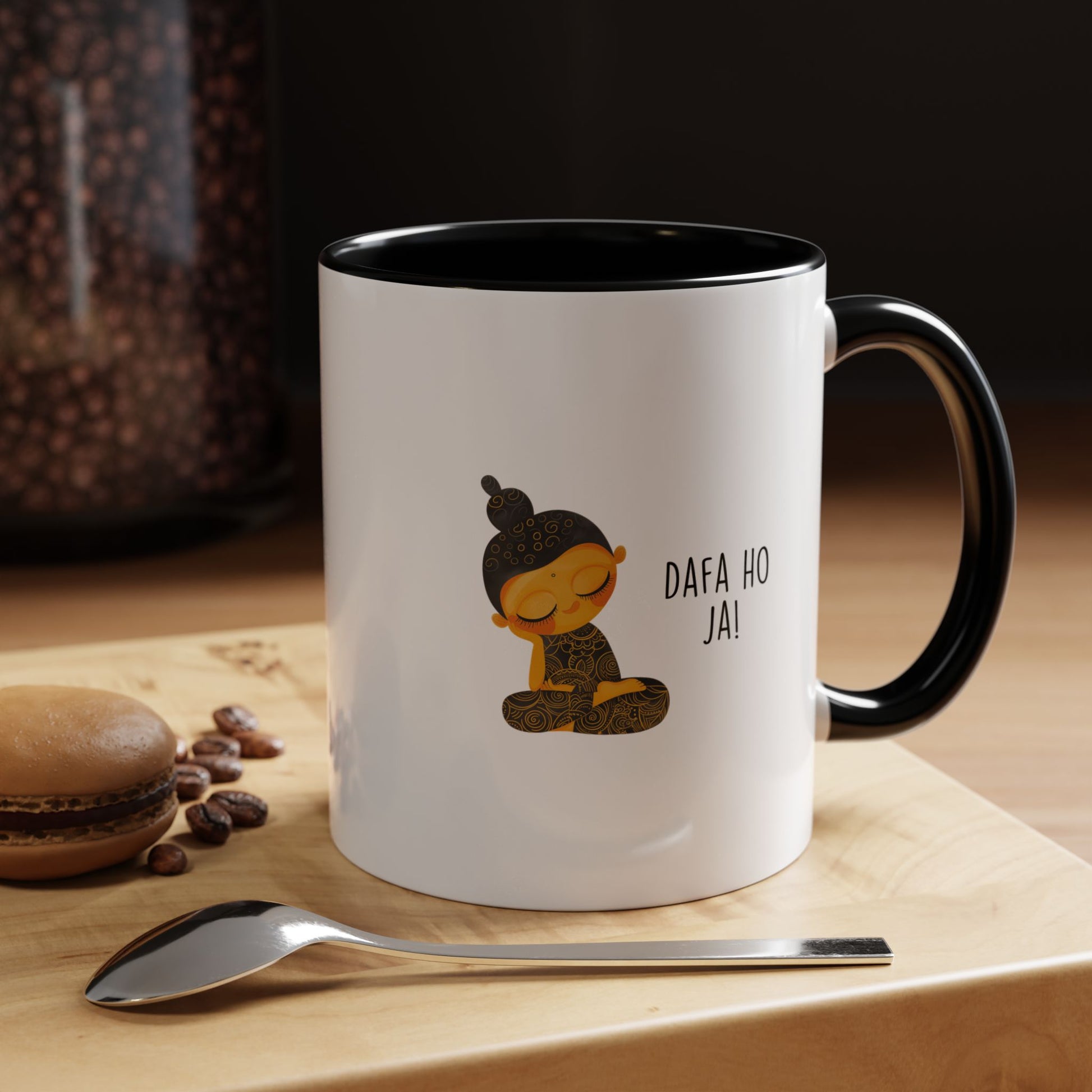 Personalized desi coffee mug 'Dafa Ho Ja' with funny Indian design, perfect for chai lovers, includes teaspoon and macaron.