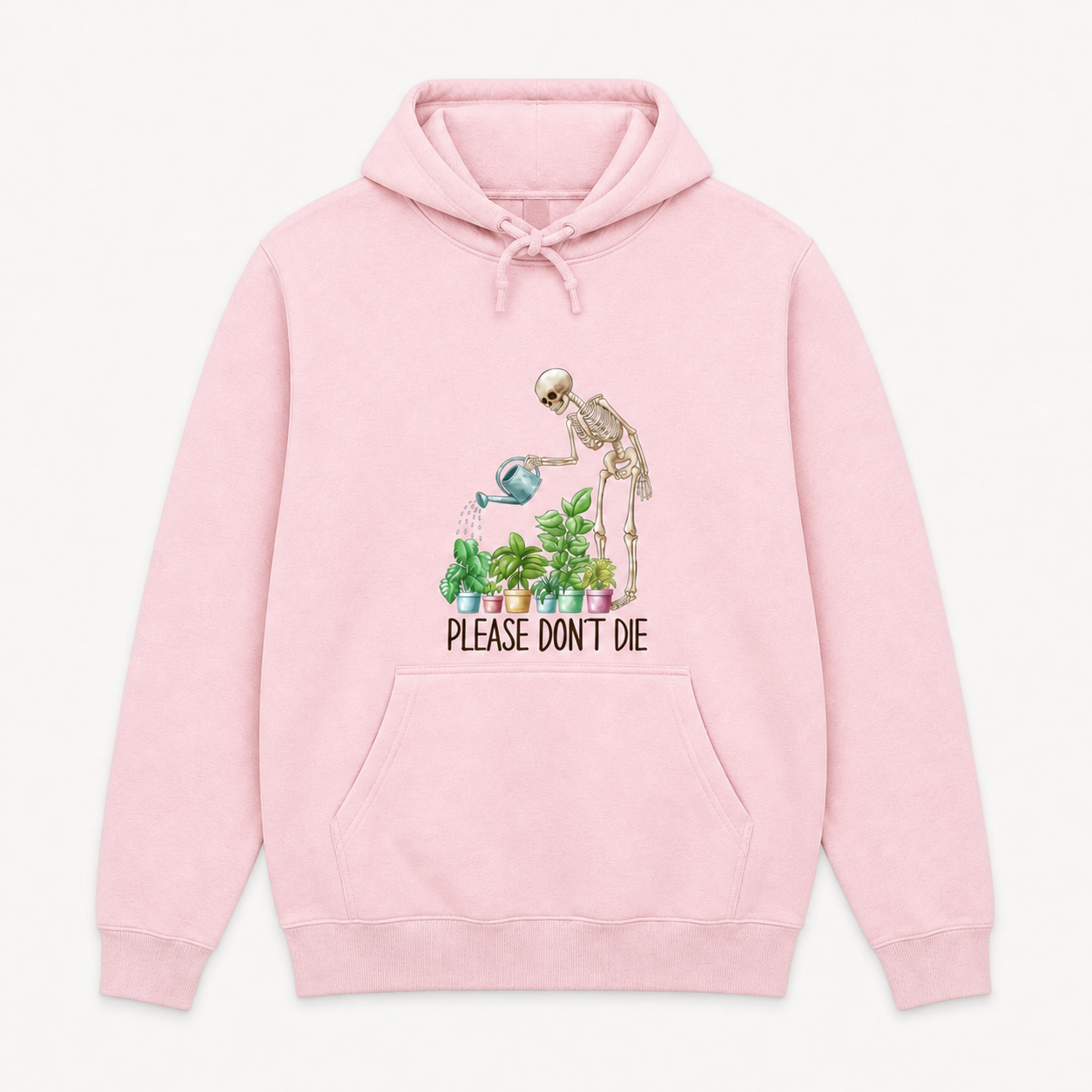 Please Don't Die skeleton gardener plant lover graphic on light pink pullover hoodie, front product image