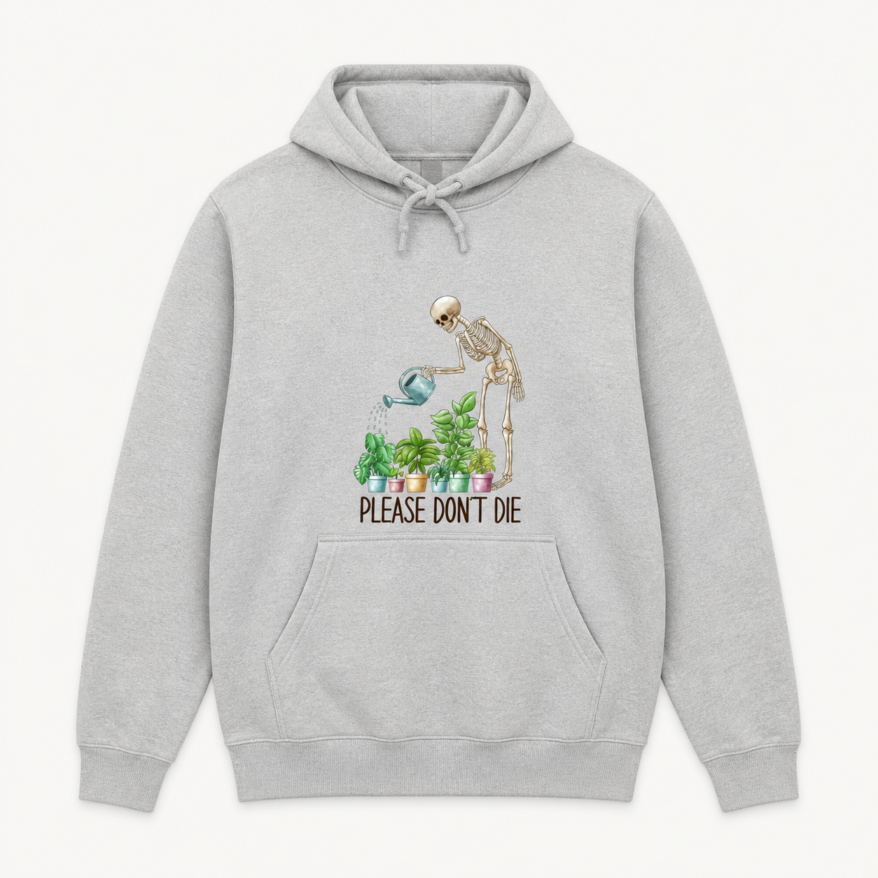 Please Don't Die skeleton gardener plant lover graphic on sport grey pullover hoodie, front product image