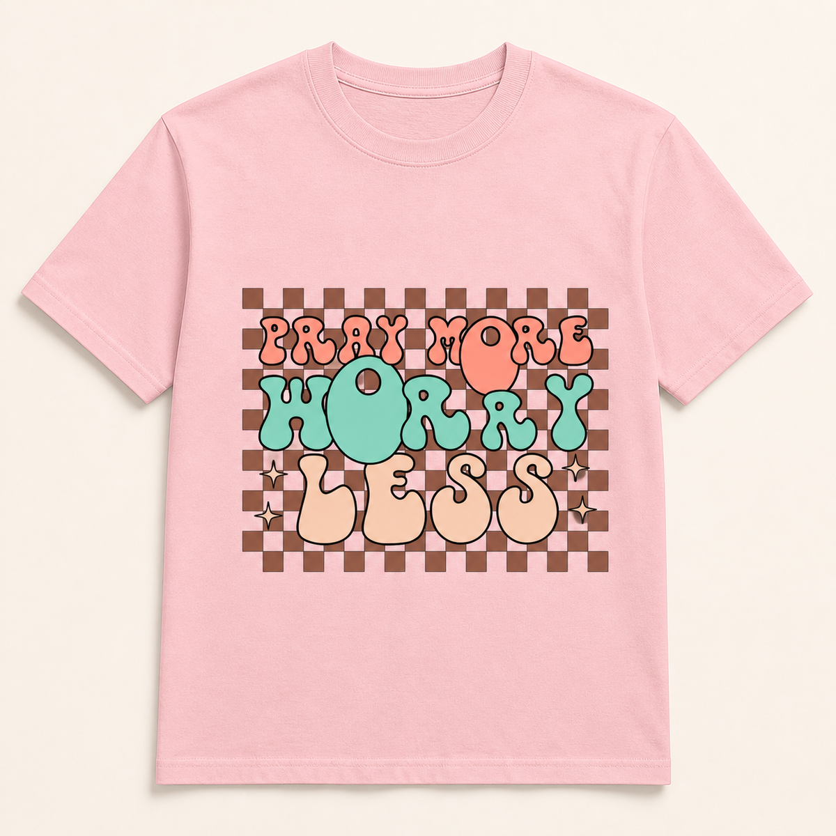 Light pink Pray More Worry Less faith T-shirt front view