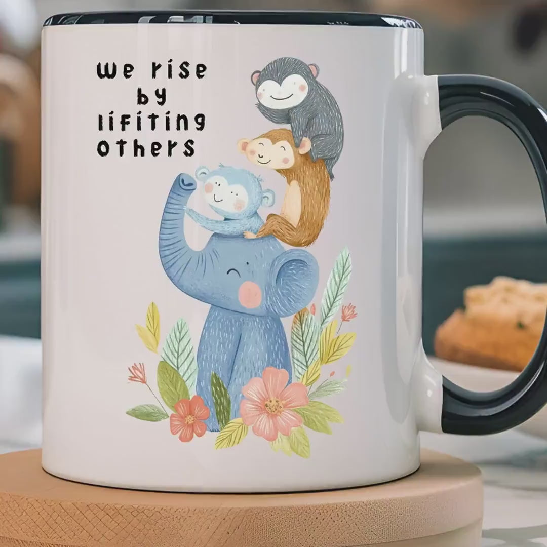 Load video: Inspirational Mug, Personalized Mug, We Rise By Lifting Others Accent Cup (11, 15oz), Gift Under 20, White Elephant