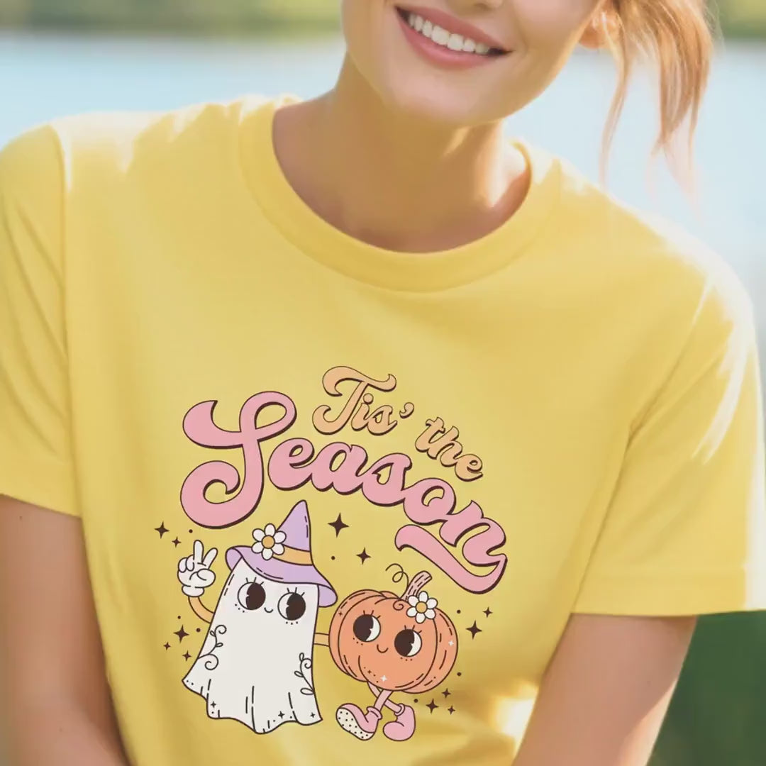 Load video: Tis The Season To Be Spooky T-shirt | Funny Ghost &amp; Pumpkin Halloween Tee | Cute Fall Autumn Spooky Apparel