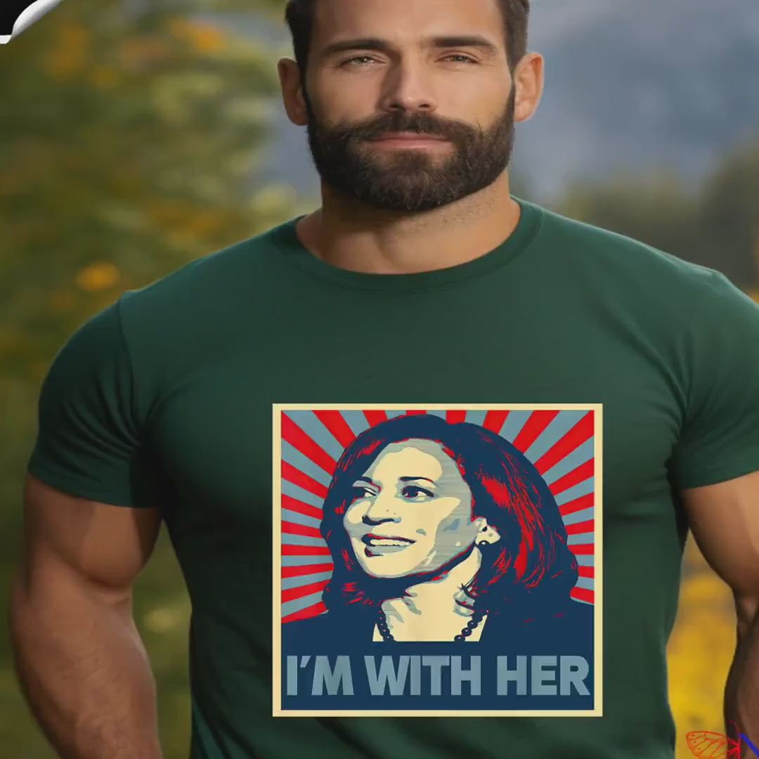 Load video: Kamala Harris Supporter Tee - &quot;I&#39;m With Her&quot; T-Shirt for Women &amp; Men, Political Graphic Shirt, Feminist Tshirt, Election Apparel