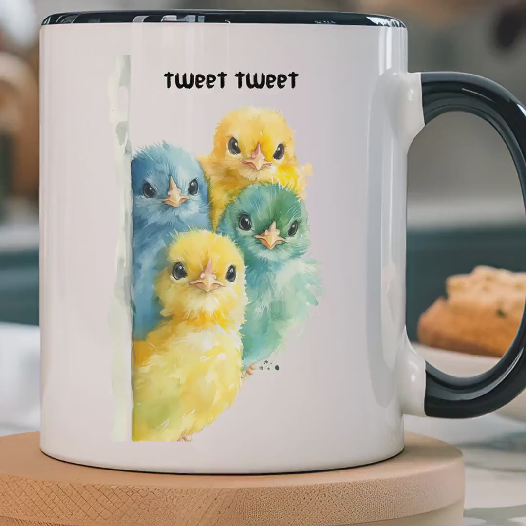 Load video: Funny Coffee Mug, Personalized Mug, Tweet Tweet Birds Accent Cup, Gift Under 20, 11 &amp; 15oz White Elephant, gift for animal, bird, pet lovers