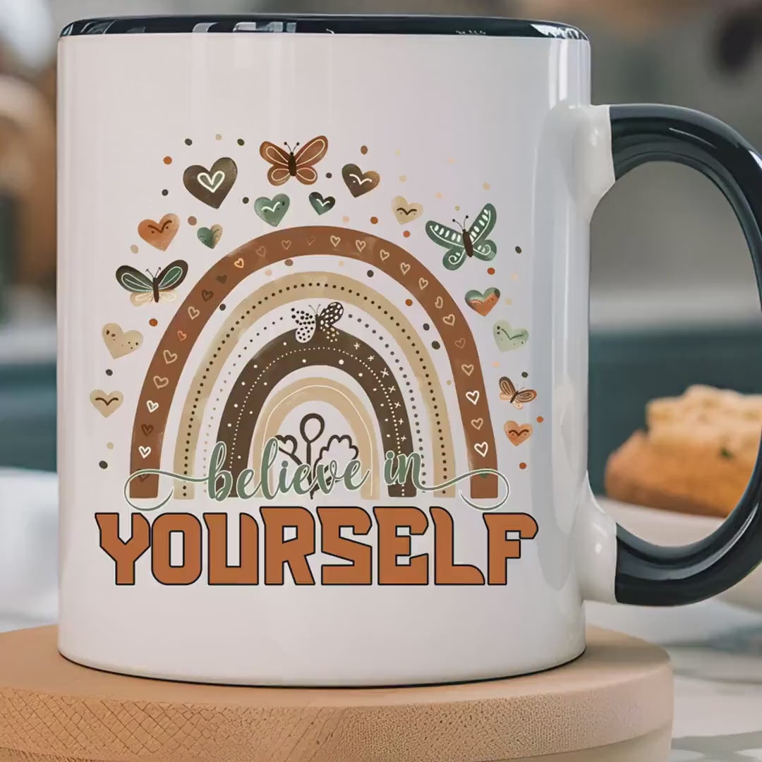 Load video: Personalized Mug, Believe In Yourself Accent Coffee Cup (11, 15oz), Gift Under 20, White Elephant, Inspirational, Motivational gift