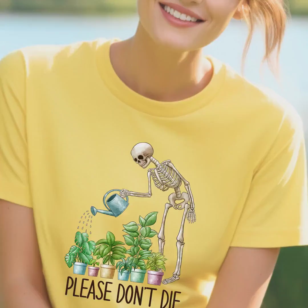 Load video: Please Don&#39;t Die: Funny Skeleton Plant Keeper Gift for Halloween, Perfect for Plant Lovers &amp; Gardeners