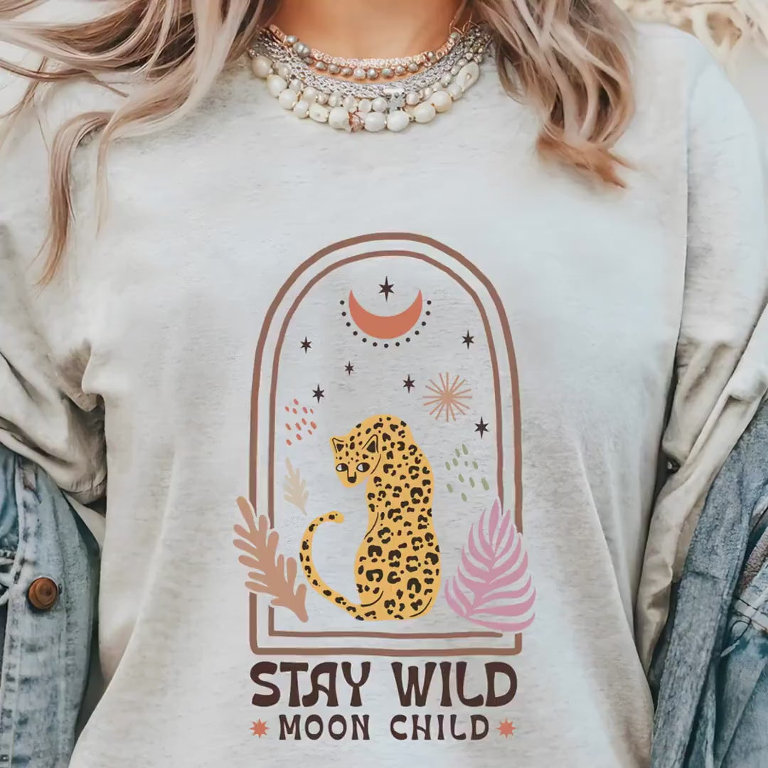 Load video: Stay wild, Moon child Shirt, Bohemian Shirt, Gift For Moon Lover, Women Tee, Positive Vibes, Be true to Yourself, Positivity Mindfulness