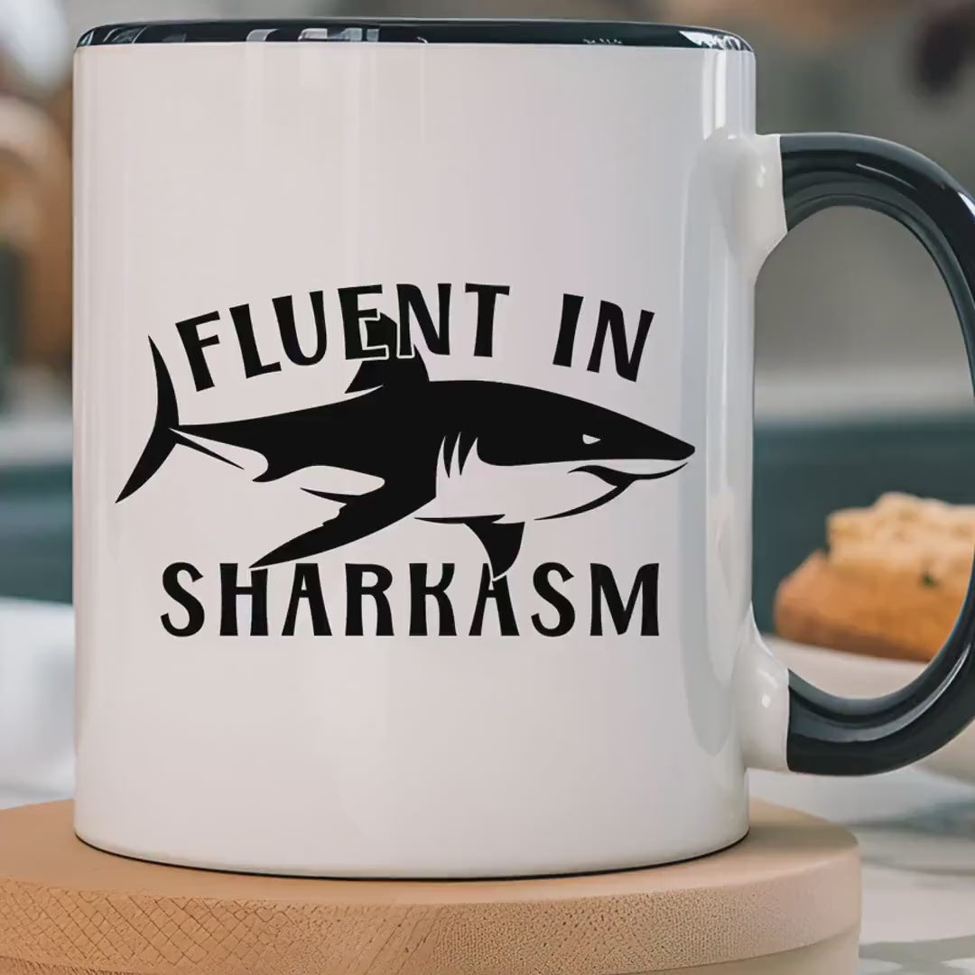 Load video: Funny Coffee Mug, Personalized Mug Fluent In Sharkasm Coffee Cup 11/15oz, Gift Under 20, White Elephant Gift, Marine, Animal Lover Cup