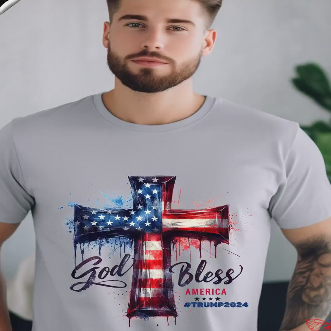 Load video: God Bless America Trump 2024, Patriotic Tee, Conservative T-Shirt, MAGA Lover Gift, American Pride, Christian GOP, Trump Vance, Anti Harris