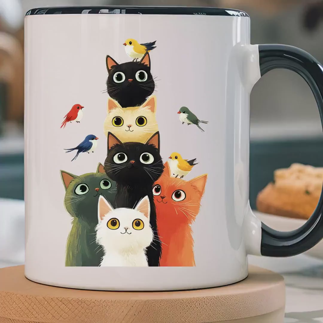 Load video: Funny Coffee Mug, Personalized Mug, Cats and Birds Accent Coffee Cup (11, 15oz), Gift Under 20, White Elephant gift, for animal &amp; pet lovers