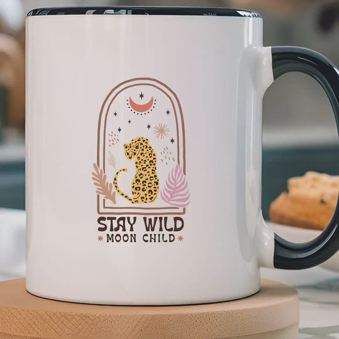 Load video: Funny Coffee Mug, Personalized Mug, Stay Wild Moon Child Accent Coffee Cup (11, 15oz), Gift Under 20, White Elephant gift, Motivational Cup