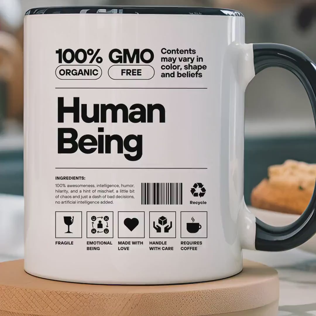 Load video: Funny Coffee Mug, Personalized Mug, Human Being Nutrition Facts Accent Cup (11, 15oz), Gift Under 20, White Elephant gift, quirky nerdy cup