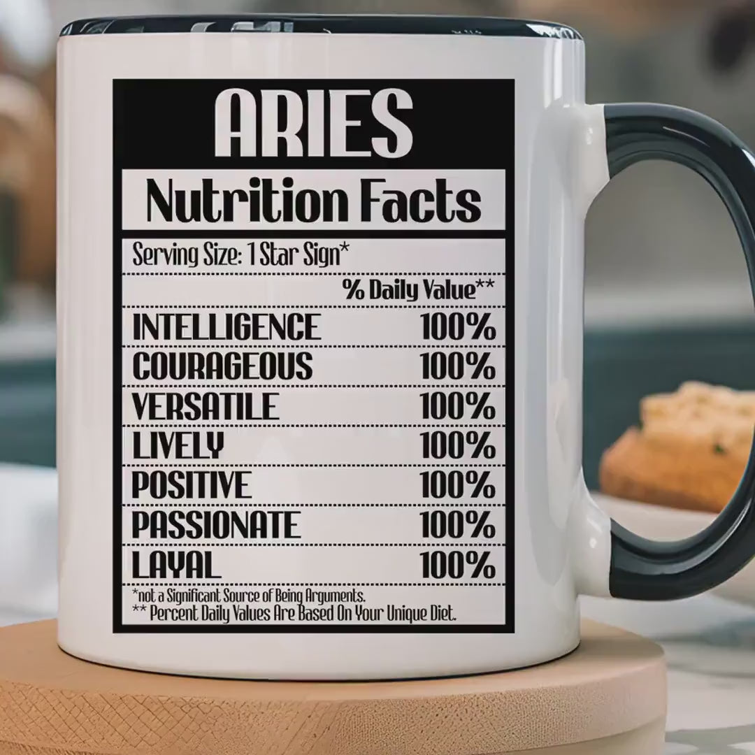 Load video: Funny Coffee Mug, Personalized Mug, Aries Nutrition Facts Accent Coffee Cup (11, 15oz), Gift Under 20, White Elephant Gift, Zodiac Cup