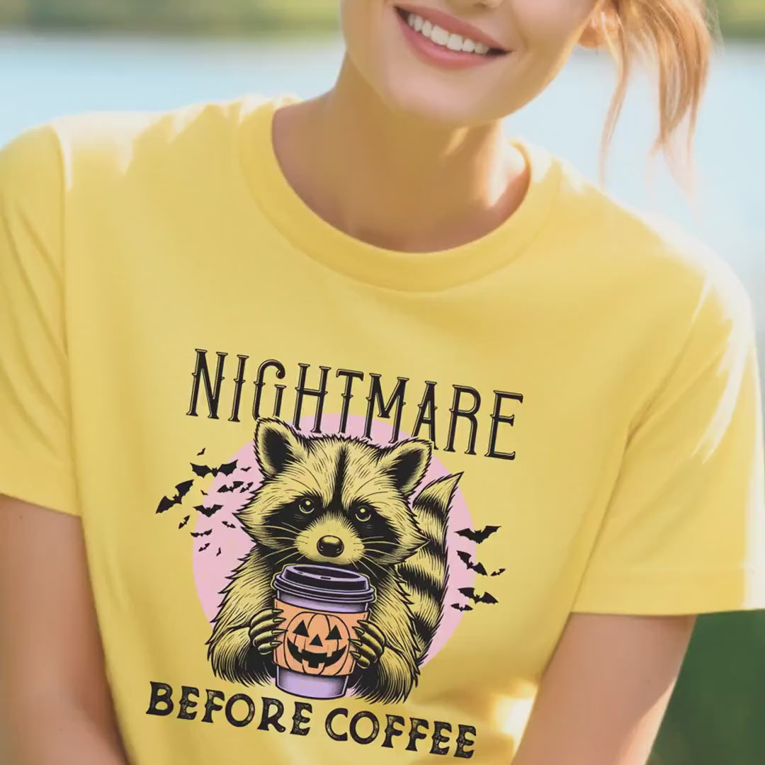 Load video: Nightmare Before Coffee T-Shirt | Halloween Raccoon Tee | Spooky Funny Graphic Shirt | Perfect Gift for Coffee Lovers