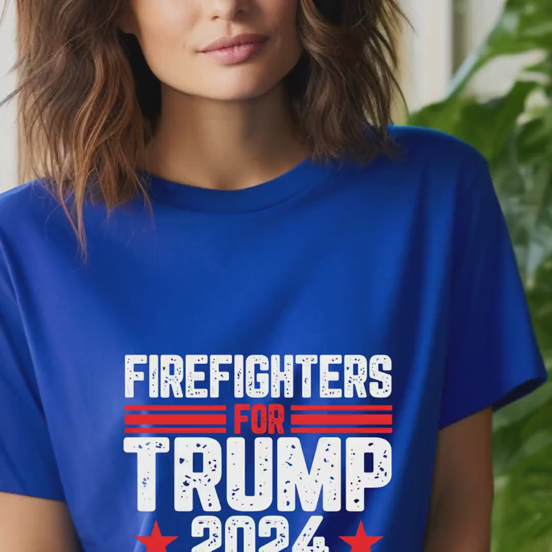 Load video: Firefighters for Trump Unisex Softstyle T-Shirt, Political Support Tee, GOP Supporters Clothing, Pro MAGA Rally Shirt, Patriotic Apparel