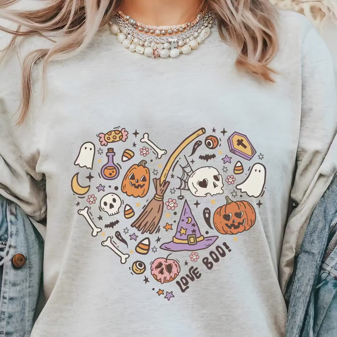 Load video: Love Boo Skeleton Cute Halloween T-Shirt | Spooky Fun Tee for Kids &amp; Adults | Halloween Party Outfit, Gift Idea