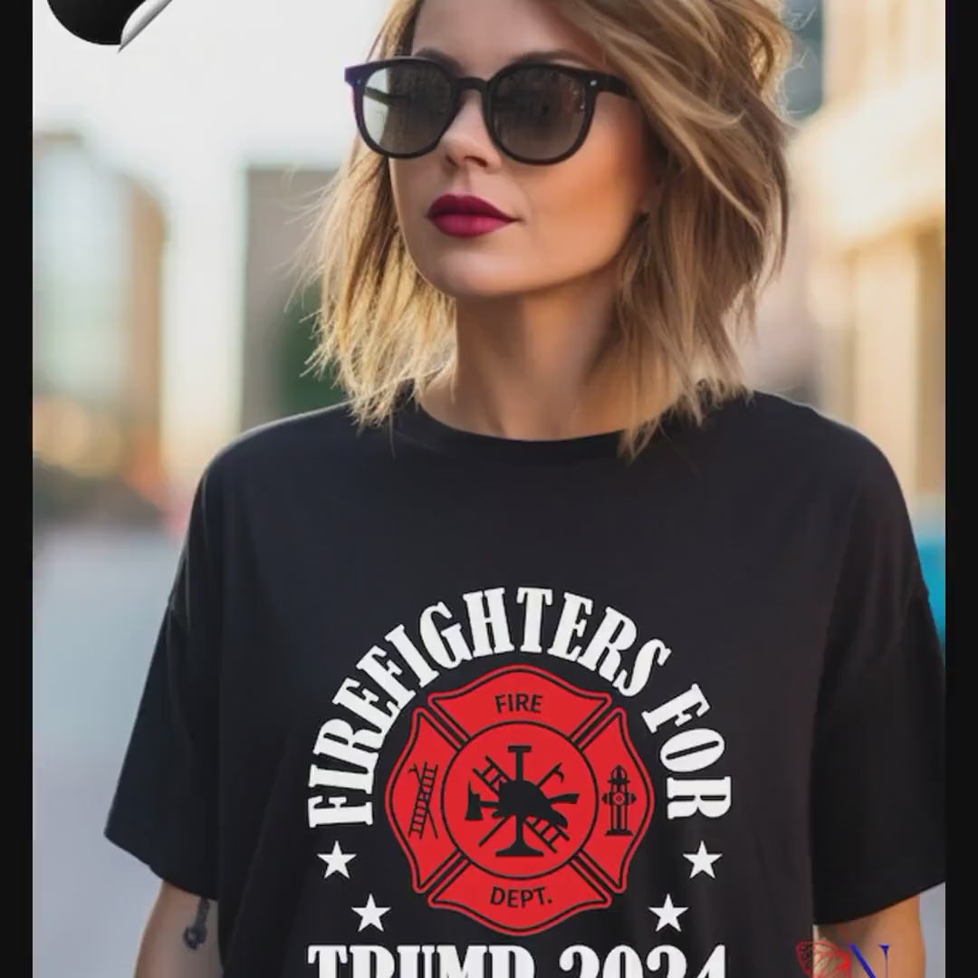 Load video: Firefighters for Trump 2024 Shirt, Patriotic Tee, Support Trump Firefighter Support Tee, Presidential Election Republican unisex T-Shirt