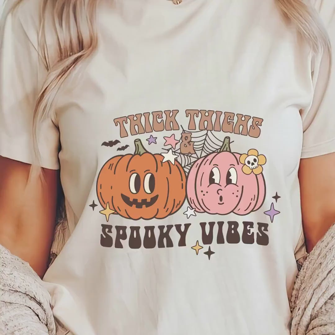 Load video: Thick Thighs Halloween T-Shirt | Spooky Vibes Shirt for Men and Women | Cute &amp; Fun, Trending  Halloween Tee, Autumn, Fall Season&#39;s Tshirt