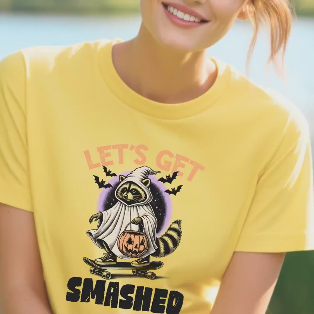 Load video: Let&#39;s Get Smashed Halloween Raccoon T-Shirt, Funny Graphic Tee for Halloween Party, Cute Animal Apparel