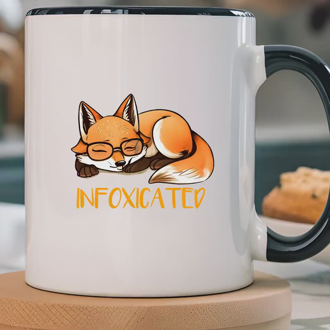 Load video: Funny Coffee Mug, Personalized Cute Fox Infoxicated Accent Cup, 11oz &amp; 15oz, Gift Under 20, Perfect White Elephant Gift