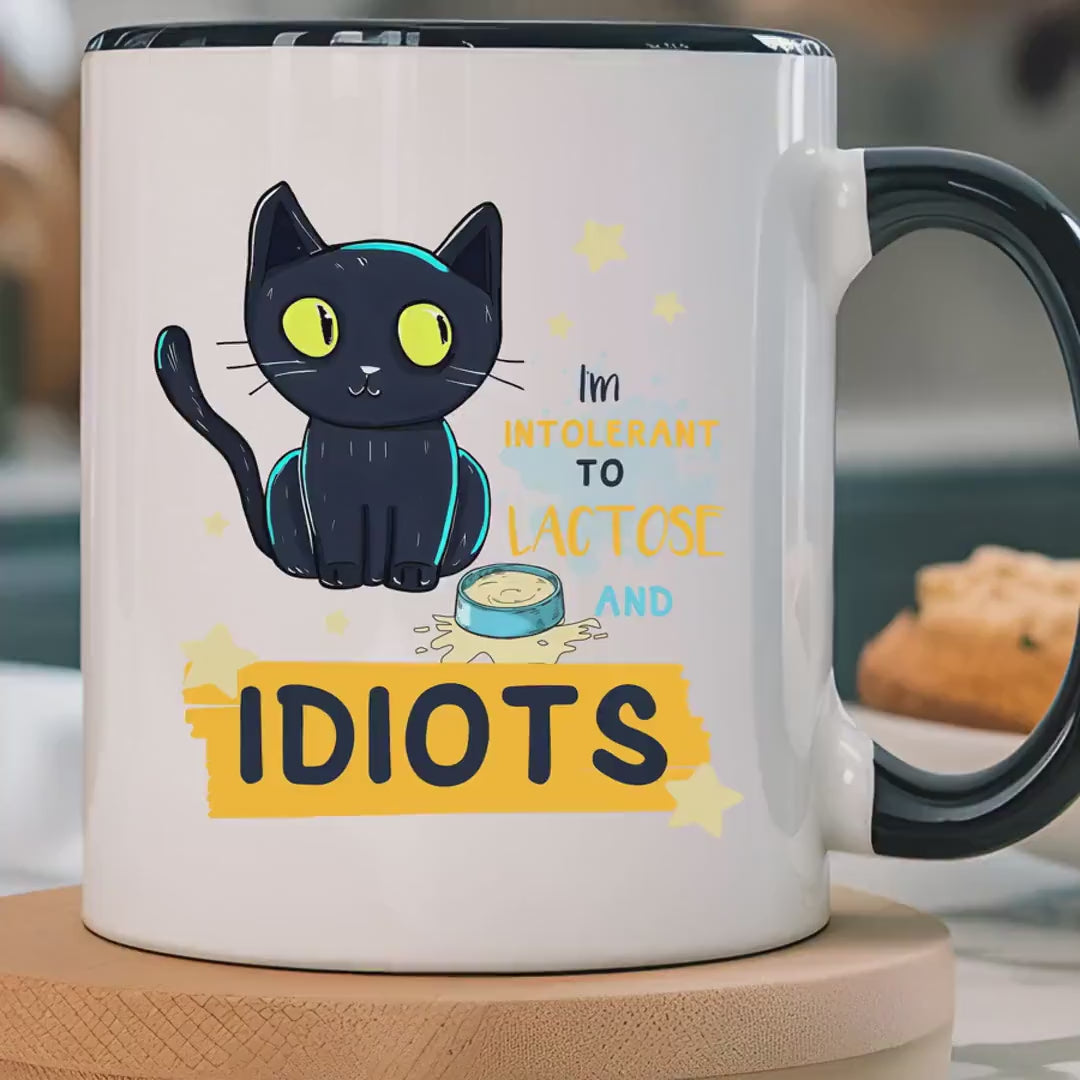 Load video: Funny Coffee Mug, Personalized Mug, Cute Cat Intolerant To Lactose and Idiots Accent Cup (11, 15oz), Gift Under 20, White Elephant gift