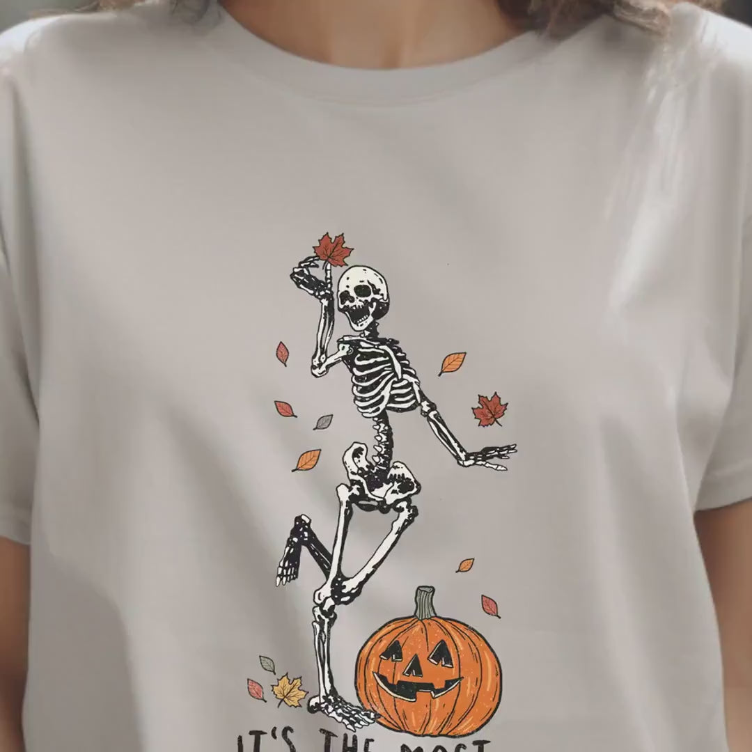 Load video: Skeleton Halloween T-shirt - It&#39;s The Most Wonderful Time of the Year, Spooky Graphic Tee for Fall Festivities &amp; Trick or Treating