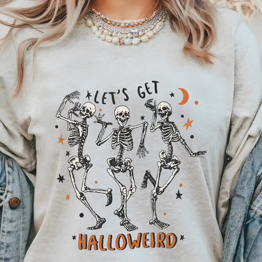 Load video: Skeleton Let&#39;s Get Halloweird Halloween T-Shirt, Funny Spooky Tee Shirt, Halloween Party Costume, Skeleton Graphic Tee