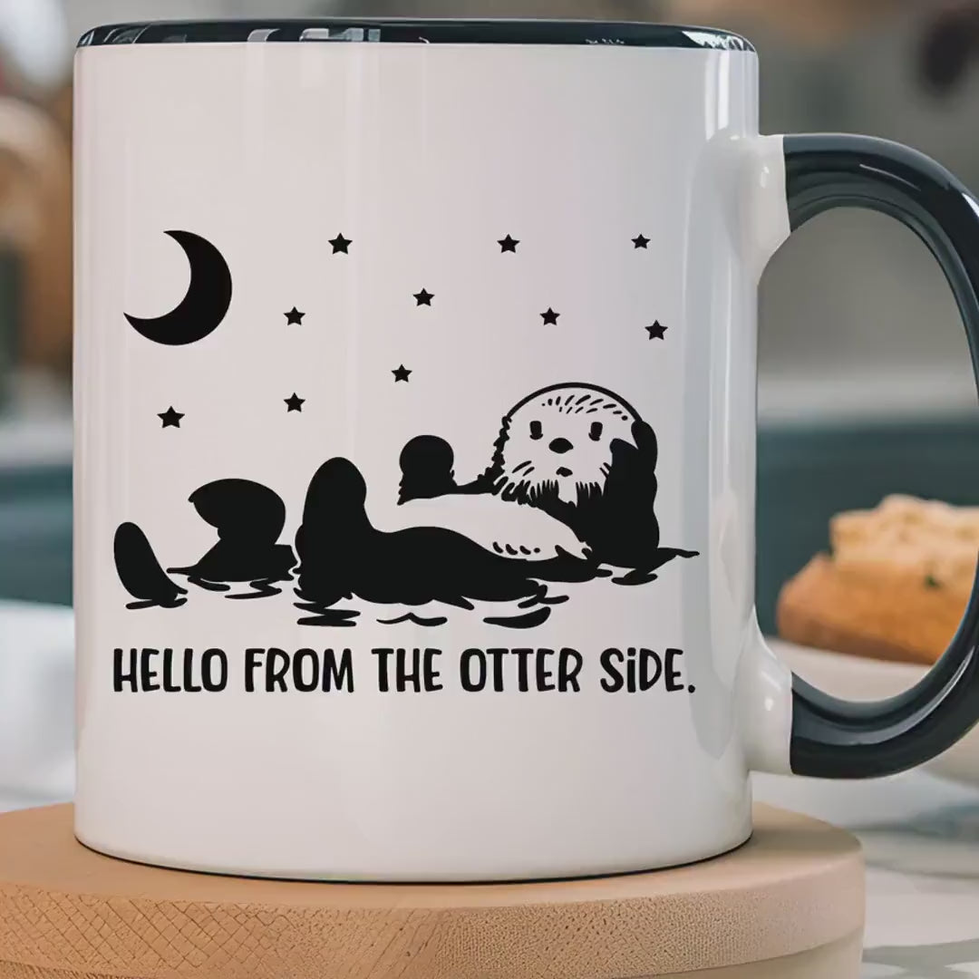 Load video: Funny Coffee Mug, Personalized Mug, Hello From The Otter Side Accent Cup (11, 15oz), Gift Under 20, White Elephant gift, Animal lover Marine